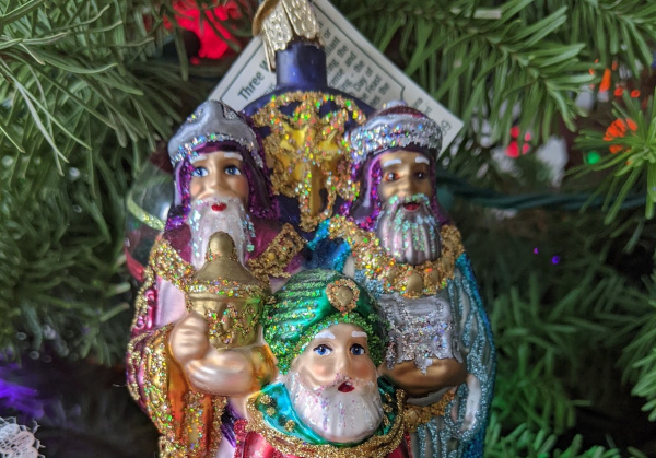 Three magi Christmas ornament placed on Christmas tree.