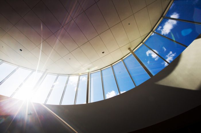 Sun shines through the skylight of the Hemmingson Center