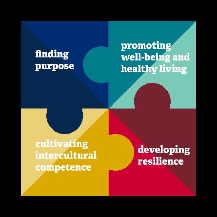 Four puzzle pieces containing: Finding purpose, promoting well-being and healthy living, developing resilience, and cultivating intercultural competence