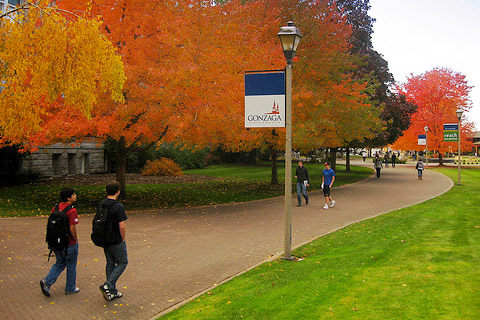 Students walking beside Gonzaga's College Hall
