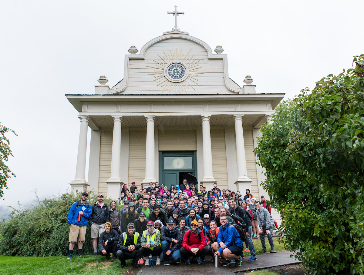 170 students and faculty members of Gonzaga University convened for the 48th annual Pilgrimage in the North Idaho Wilderness, culminating with a mass in the Cataldo Mission on September 17, 2016. (Photo by Edward Bell)